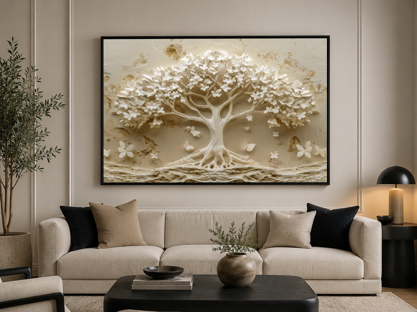 A large framed wall art piece featuring a sculptural beige tree of life with white blossoms and butterflies, displayed above a cream sofa in a modern living room setting.