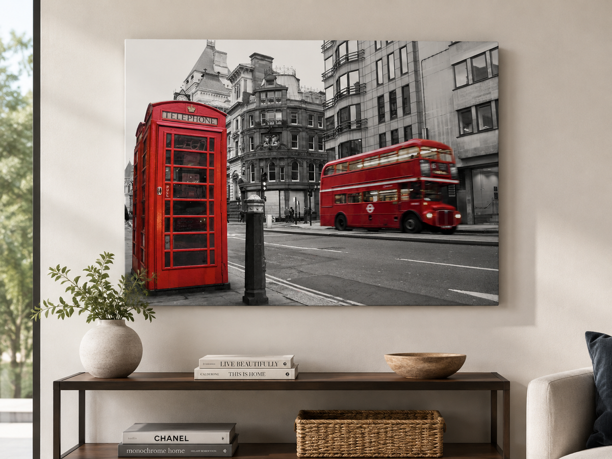London in Red – Red Telephone Booth & Double-Decker Bus Canvas Wall Art