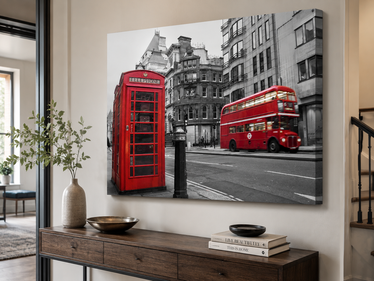 London in Red – Red Telephone Booth & Double-Decker Bus Canvas Wall Art