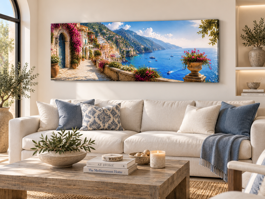 Mediterranean Escape Wall Art | 72" x 24" Panoramic Canvas Print | Coastal Decor