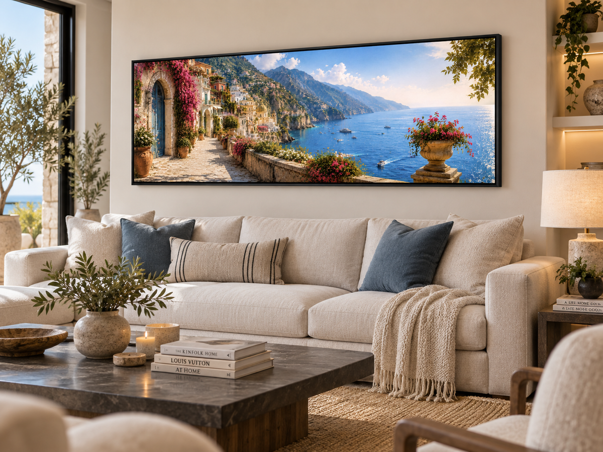 Mediterranean Escape Wall Art | 72" x 24" Panoramic Canvas Print | Coastal Decor