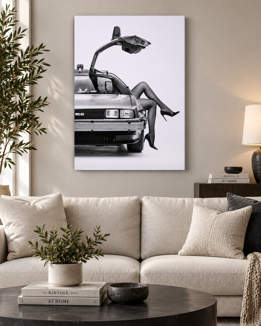 DeLorean DMC-12 Wall Art | Black & White Canvas Print | Iconic Car Decor
