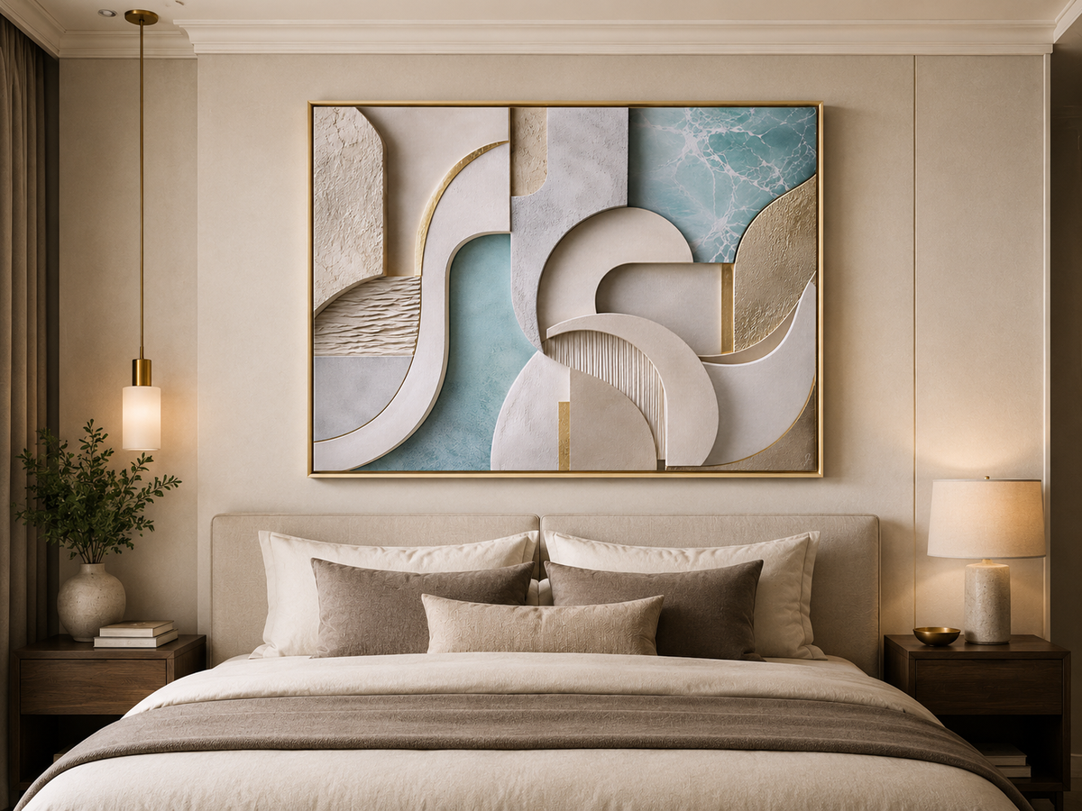 A large framed abstract wall art piece hangs above a neatly made bed in a modern bedroom. The artwork features flowing geometric shapes in white, beige, light blue, and gray, with a thin gold frame.