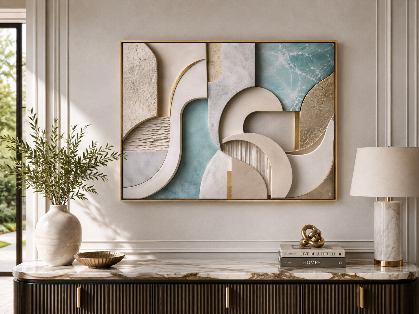 Abstract wall art featuring organic curved shapes in cream, beige, light blue, and white, framed in gold and hung above a marble console table in a styled interior room.