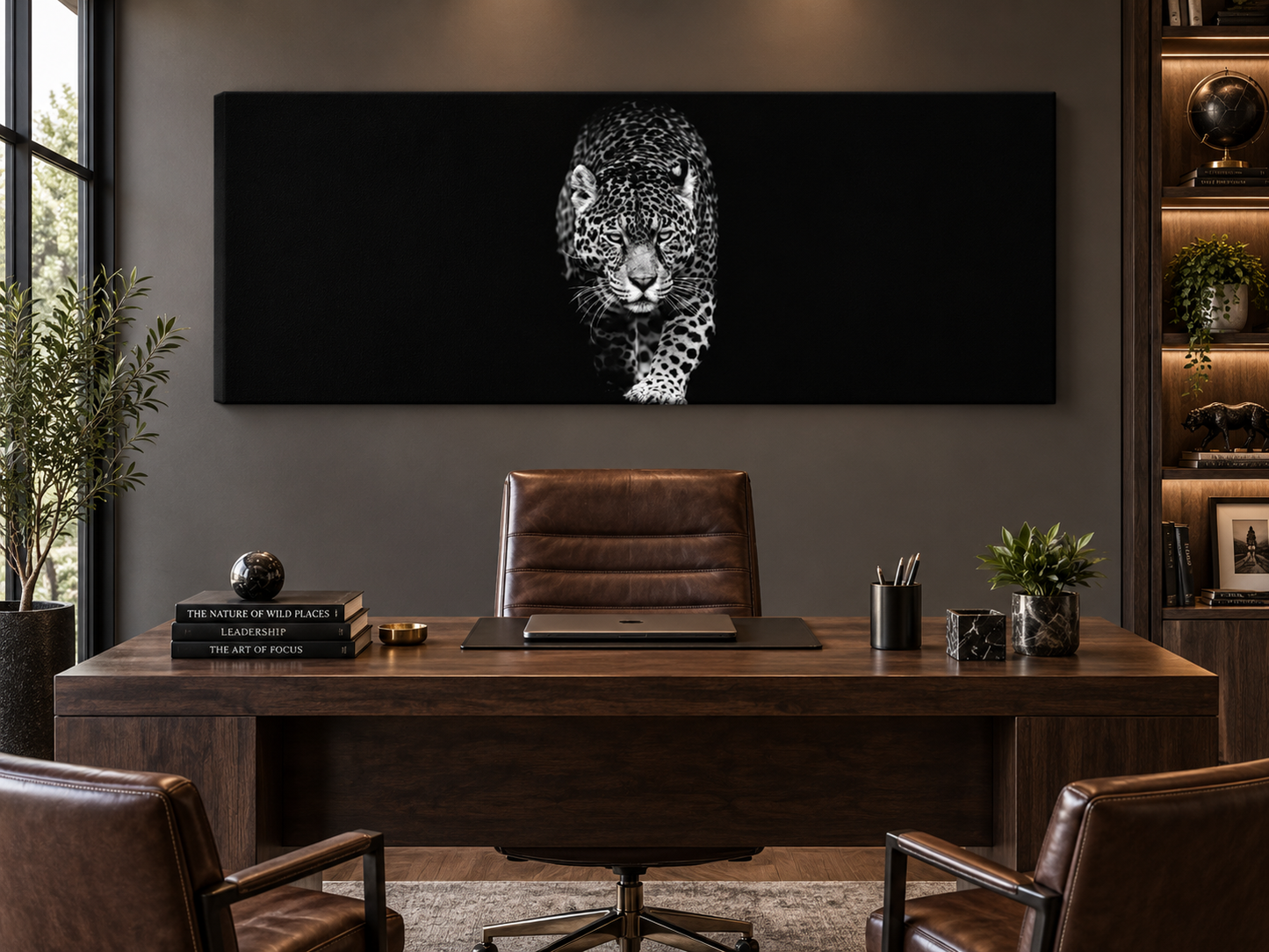 Leopard in Black & White | Panoramic Canvas Print | Wildlife Wall Art