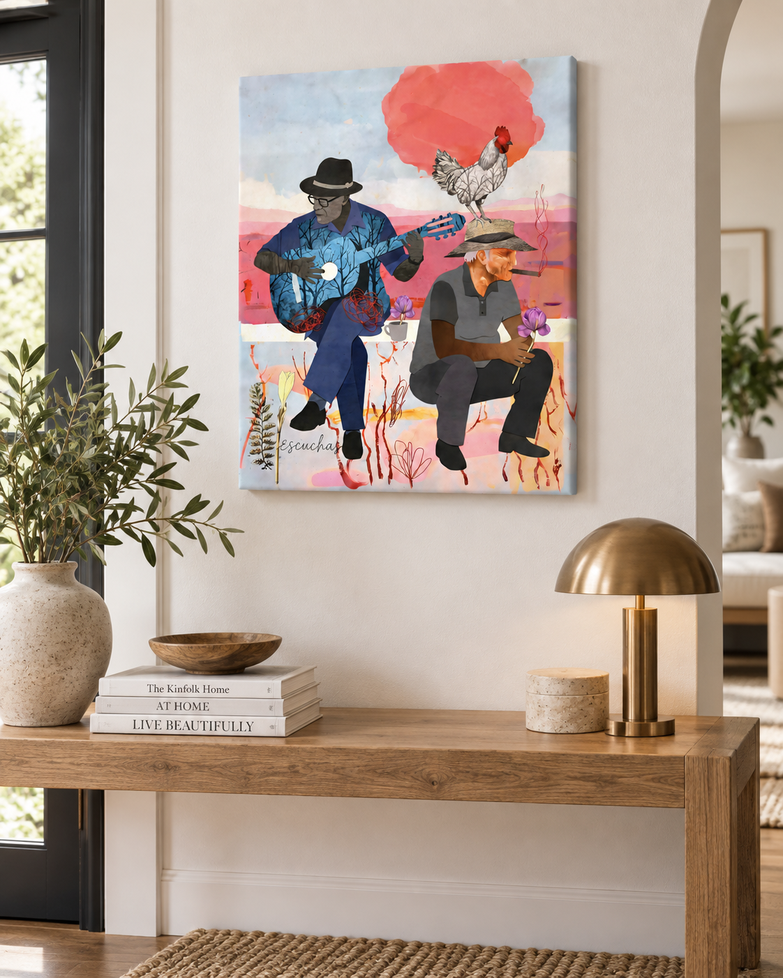 Escuchas | Cuban Men Guitar & Rooster Canvas Print | Latino Heritage Wall Art