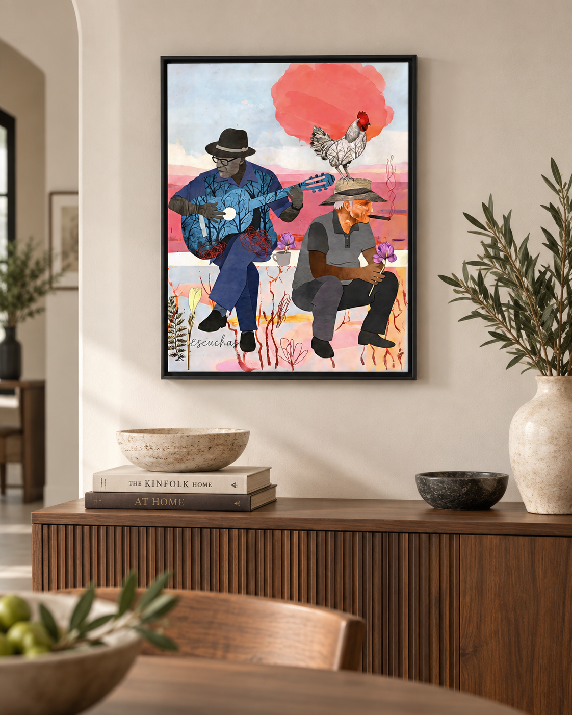 Escuchas | Cuban Men Guitar & Rooster Canvas Print | Latino Heritage Wall Art