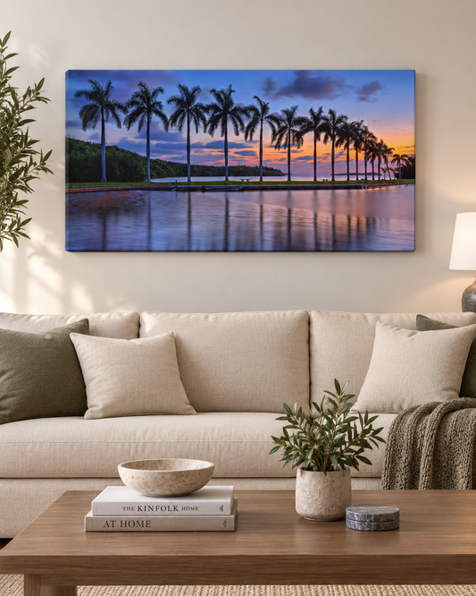 Sunrise in Coconut Cove | Royal Palm Panoramic Canvas Print | Tropical Coastal Wall Art