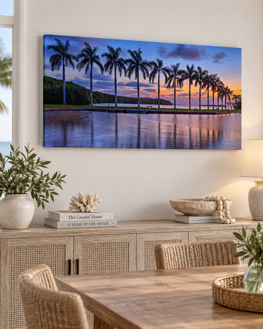 Sunrise in Coconut Cove | Royal Palm Panoramic Canvas Print | Tropical Coastal Wall Art