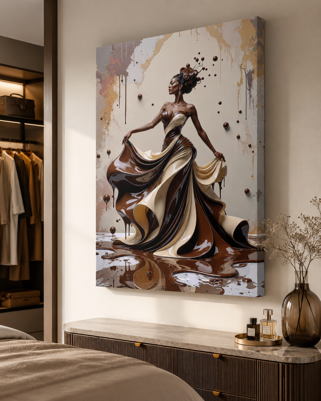 A large vertical canvas wall art print hangs on a beige wall in a styled bedroom. The artwork depicts a woman in a flowing dress rendered in dark brown, cream, and beige tones with paint-drip effects.