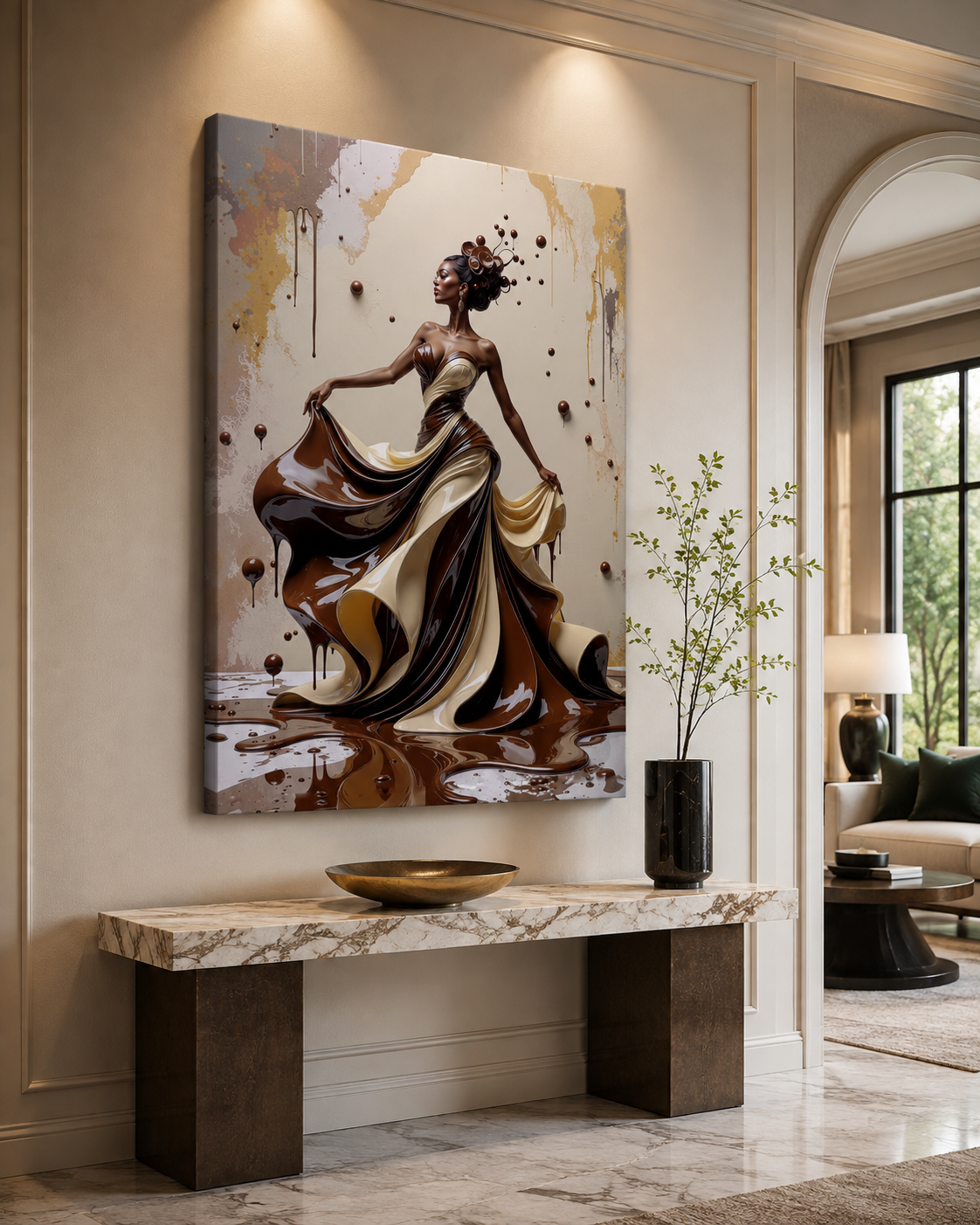 A vertical canvas wall art print featuring an abstract painting of a woman in a flowing dress, displayed in a modern, elegant living room setting above a marble console table.