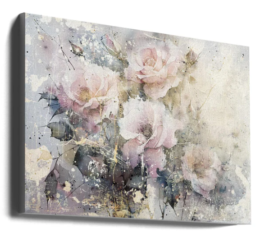 Faded Roses 36" X 24" Floral Art Illustration Varnished Canvas Print