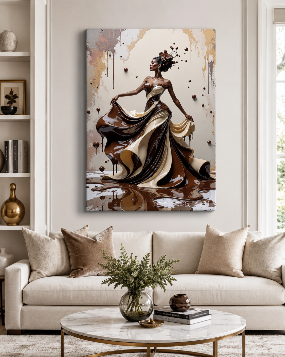 A vertical canvas wall art print featuring an abstract painting of a woman in a flowing brown and beige gown, displayed on a light beige wall above a modern white sofa in a styled living room.