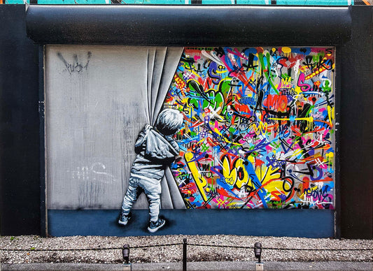 Banksy's "Behind the Curtains" 16inx12in Ready to Hang Wall Art