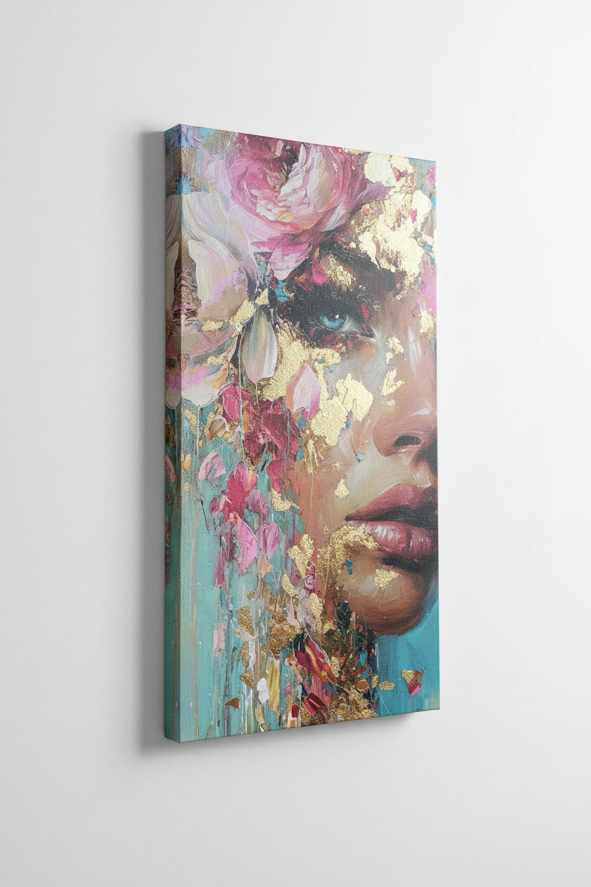 Modern Abstract Turquoise & Gold Portrait 24in x 48in Fine Art Canvas Print Varnished