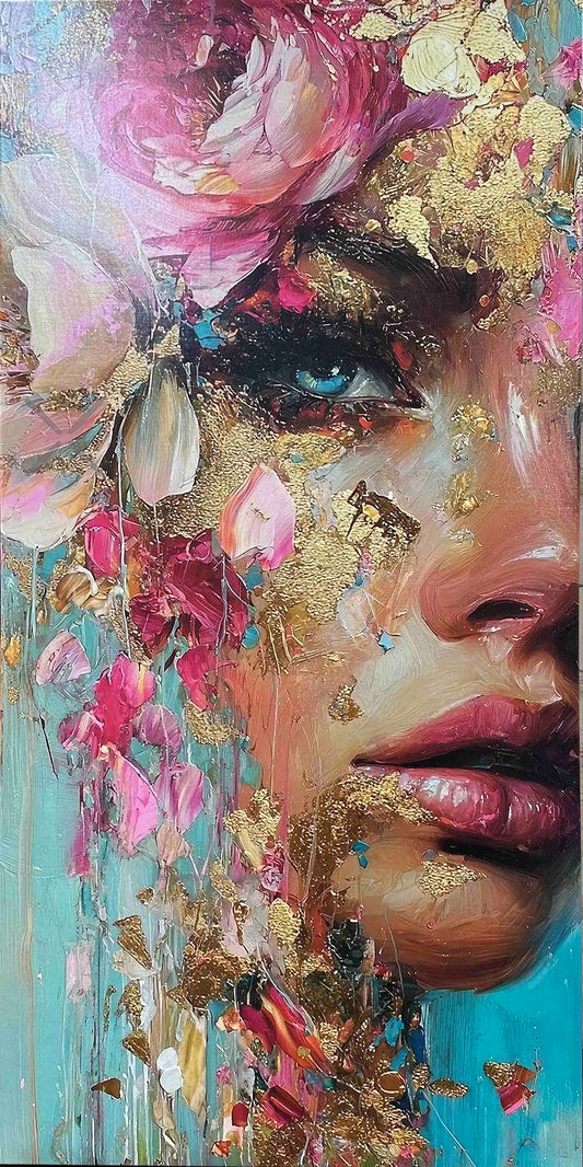 Modern Abstract Turquoise & Gold Portrait 24in x 48in Fine Art Canvas Print Varnished