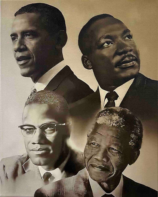 Transformative Leader - Portrait of Malcom X, Obama, Nelson Mandela & MLK Jr on 16in x 20in Varnished Canvas Ready to Hang