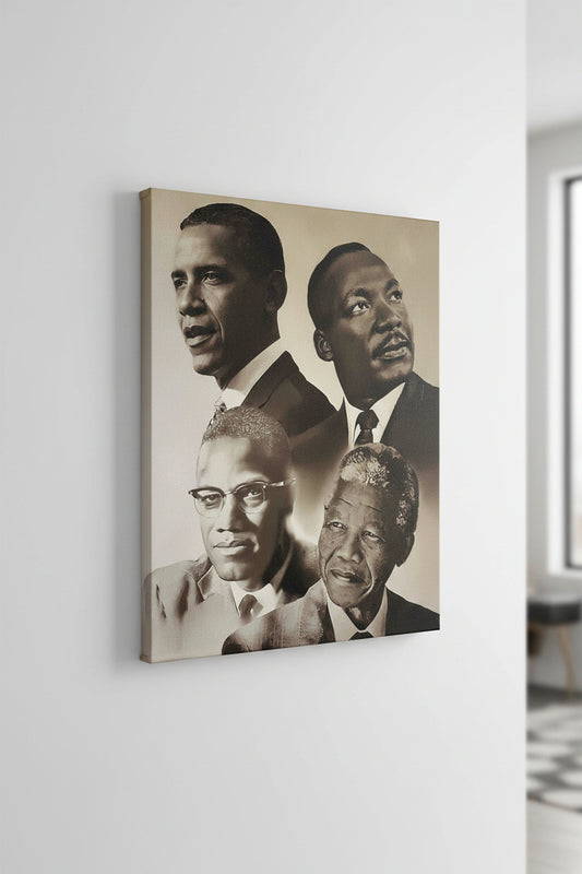 Transformative Leader - Portrait of Malcom X, Obama, Nelson Mandela & MLK Jr on 16in x 20in Varnished Canvas Ready to Hang