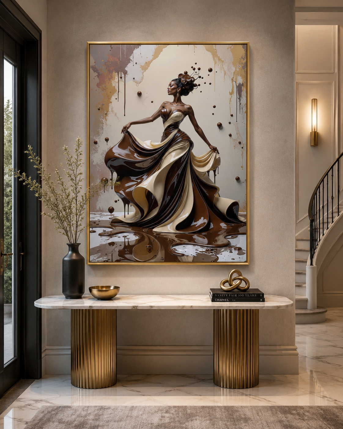 A large framed wall art piece hangs above a console table in a modern interior. The artwork depicts a woman in a flowing dress rendered in dark brown, cream, black, and gold tones, with paint-splatter effects around her.