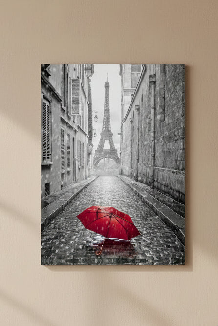 Red Paris Umbrella Canvas Print 36in x 48in Silver Varnish