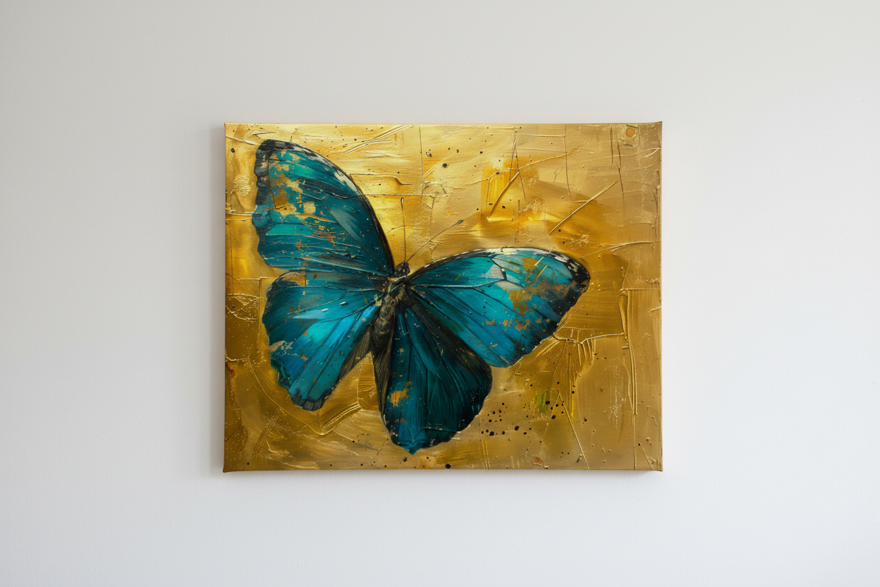 Golden Blue Butterfly 24in x 30in Varnished Wall Canvas