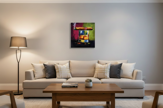 Canvas display in a minimal design living room . warm tone color palette 
