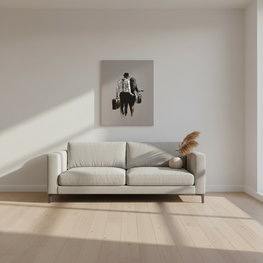 Canvas display in minimal display advertising style shot, soft sun shadow, empty penthouse, scandinavian minimalism, neutral warm, detailed a light grey furniture 