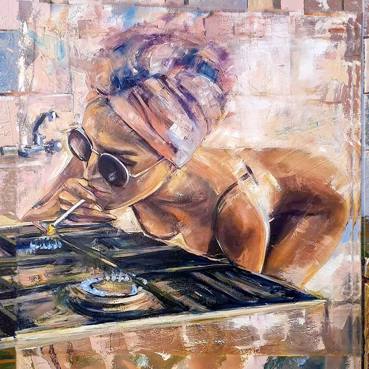 Woman at the Stove 12"  by 12 " Varinshed Wall Art canvas