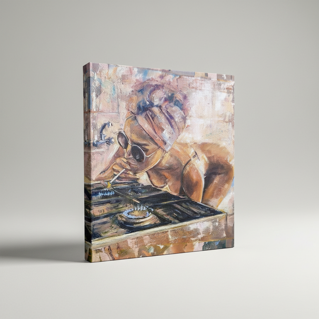 Woman at the Stove 12"  by 12 " Varinshed Wall Art canvas