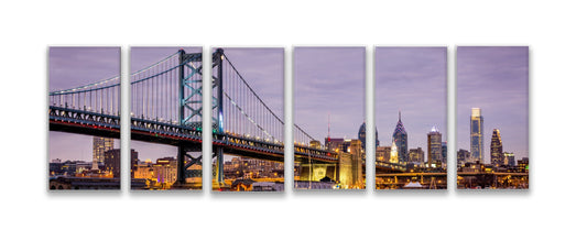 Philadelphia skyline printed as six-panel panoramic canvas wall art