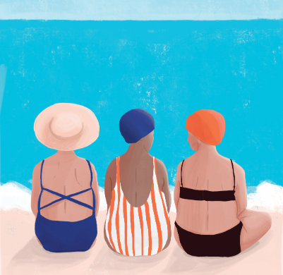 Trio at the Beach 8"x 8" Varnished Canvas Print  Wall Art