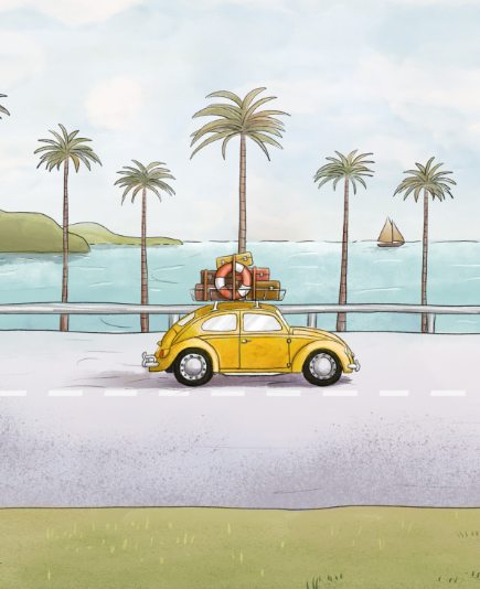 Tiny Yellow Car To The Beach 8"x 8" Varnished Canvas Print