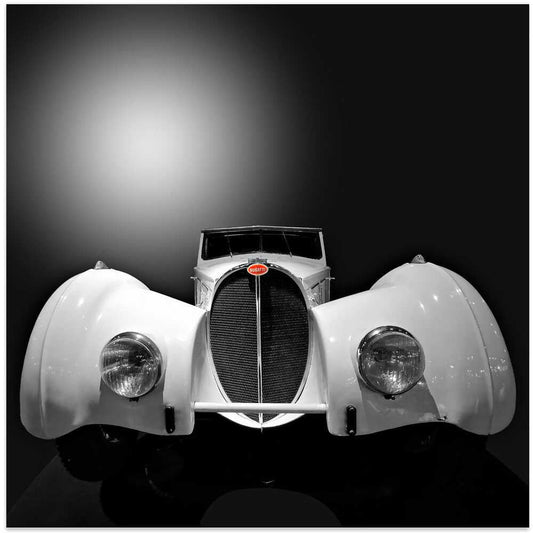 A White Bugatti by Roland Weber, front view of the artwork; a white vintage Bugatti seen from the front against a dark background.