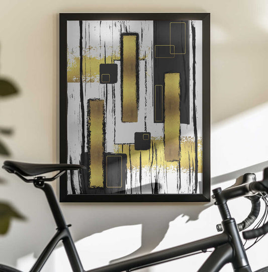 ABSTRACT ART Lively geometric fun by Melanie Viola, black-framed artwork above a bicycle; black and gold-toned rectangles with vertical brush marks.
