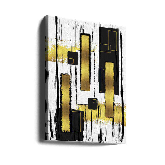 ABSTRACT ART Lively geometric fun by Melanie Viola, gallery-wrapped canvas viewed at an angle; black and gold-toned rectangles with vertical brush marks.
