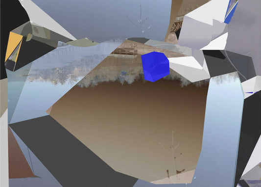 Abstract composition No 109 by Stefan Fransson, front view of the artwork; angular gray, brown and pale blue planes surrounding a vivid blue geometric accent.