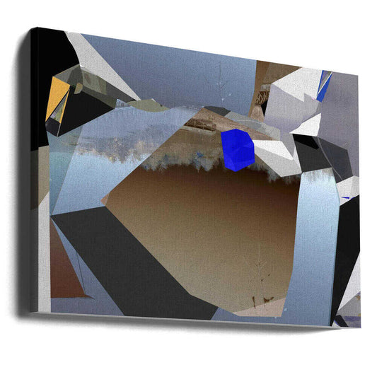 Abstract composition No 109 by Stefan Fransson, gallery-wrapped canvas viewed at an angle; angular gray, brown and pale blue planes surrounding a vivid blue geometric accent.