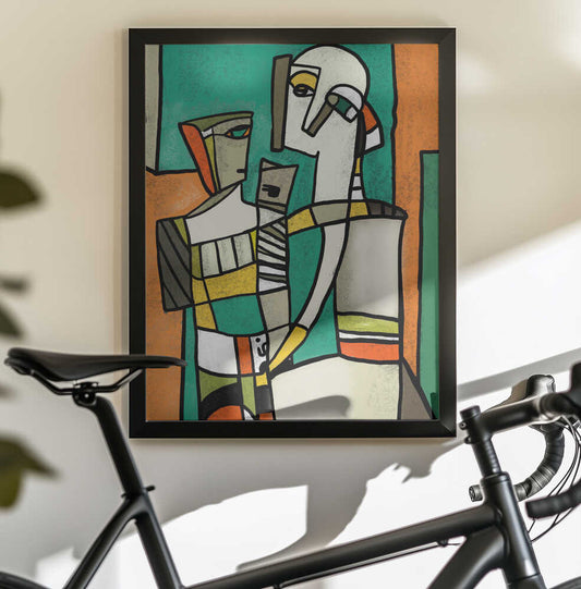 Abstract Figures Dance by Little Dean, black-framed artwork above a bicycle; elongated geometric figures against teal and orange blocks.