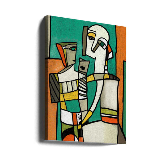 Abstract Figures Dance by Little Dean, gallery-wrapped canvas viewed at an angle; elongated geometric figures against teal and orange blocks.