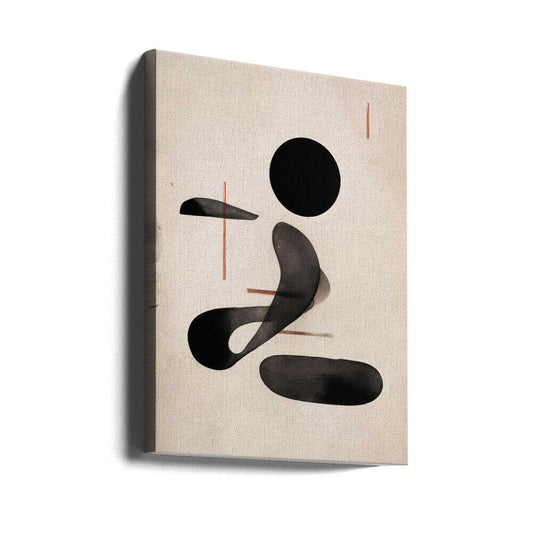 Abstract Flowforms by THE MIUUS STUDIO, gallery-wrapped canvas viewed at an angle; rounded black shapes and a curved gray ribbon with fine warm linear accents.