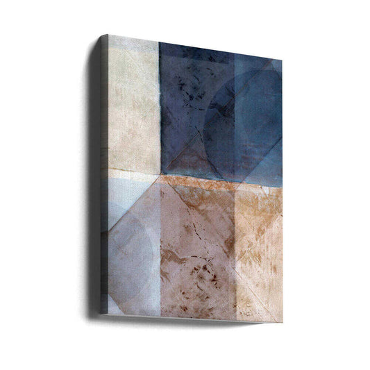 Abstract Geometric Pattern by cartissi, gallery-wrapped canvas viewed at an angle; layered blue, gray and taupe geometric blocks with diagonal divisions.