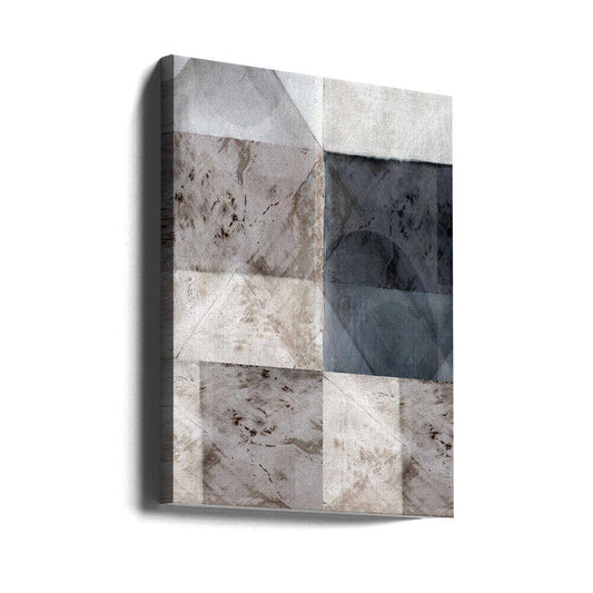 Abstract Geometric Pattern by cartissi, gallery-wrapped canvas viewed at an angle; overlapping gray and charcoal rectangles and triangular planes with weathered-looking surfaces.