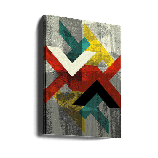 Abstract Geometric Pattern by Petr Strnad, gallery-wrapped canvas viewed at an angle; layered red, teal, yellow and black chevrons over a weathered gray field.