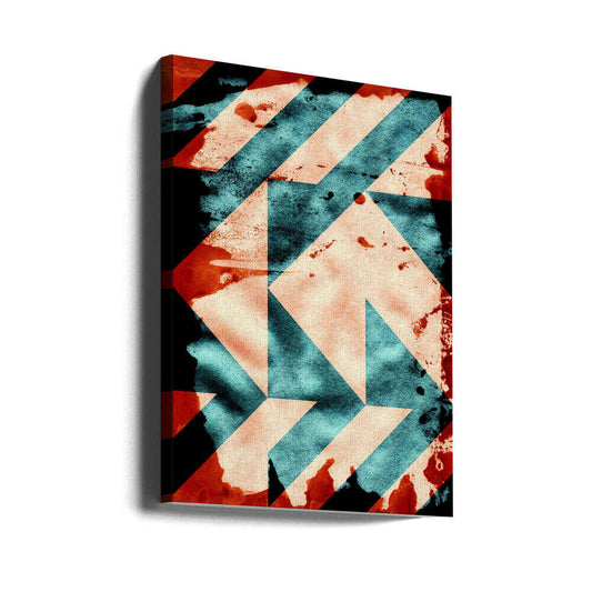 Abstract Geometric Shapes by Petr Strnad, gallery-wrapped canvas viewed at an angle; teal and cream diagonal blocks with distressed red accents and sharp chevron shapes.