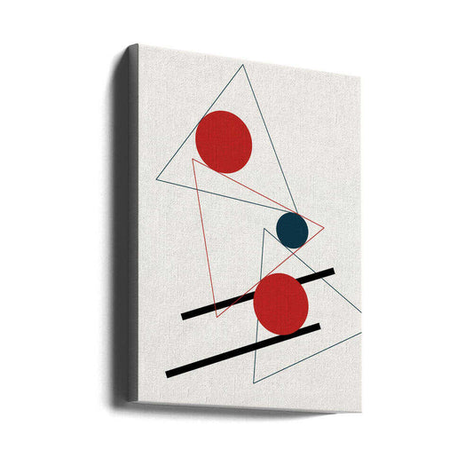 Abstract Geometry by Vesuvik Designs, gallery-wrapped canvas viewed at an angle; red circles, a small teal disc and thin triangular outlines crossed by black bars.