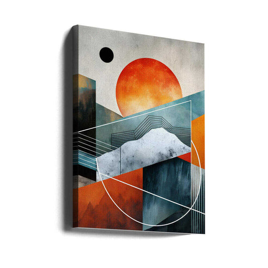 Abstract Horizons by Miguel Bruzual, gallery-wrapped canvas viewed at an angle; an orange sun above angular teal mountains crossed by fine white geometric lines.