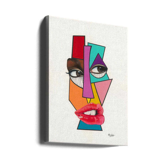 Abstract V1 by Manasseh Johnson Sr., gallery-wrapped canvas viewed at an angle; fragmented multicolor face with realistic eyes and red lips.