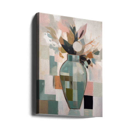 Abstract Vase by Andreas Magnusson, gallery-wrapped canvas viewed at an angle; a teal vase of muted flowers and leaves over layered geometric color blocks.