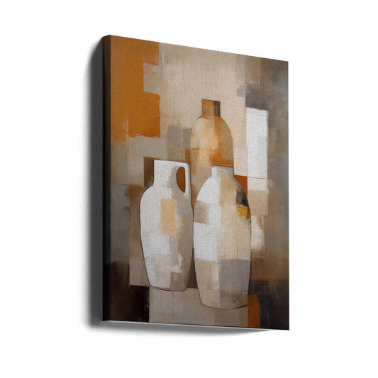 Abstract Vase by Andreas Magnusson, gallery-wrapped canvas viewed at an angle; overlapping pale vessels and an amber bottle among cream, gray and ochre blocks.