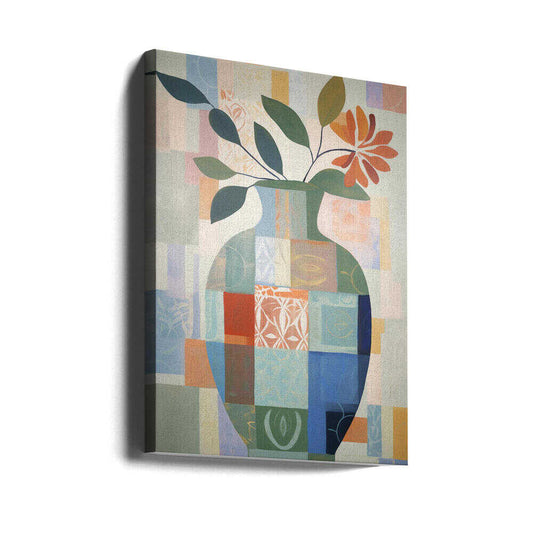 Abstract Vase by Andreas Magnusson, gallery-wrapped canvas viewed at an angle; a patchwork blue-green vase with leafy stems and an orange flower.